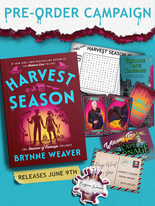 Promotional image for 'Harvest Season' by Brynne Weaver with book, cards, and other merchandise on a blue background.
