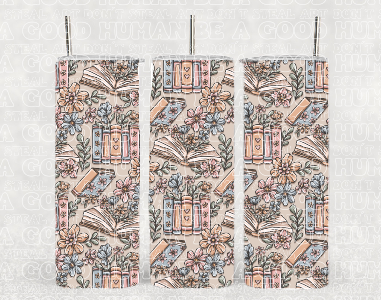 Neutral Tone Flowers & Books Reader Romance Tumbler