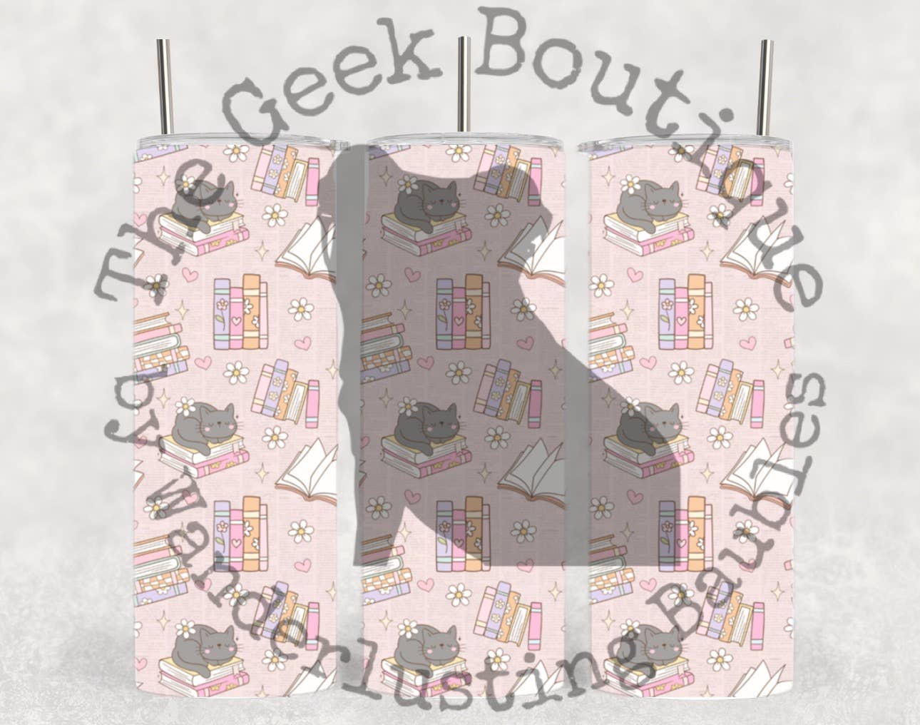 Pink Books & Cats Cute Doodle Book Novel Tumbler