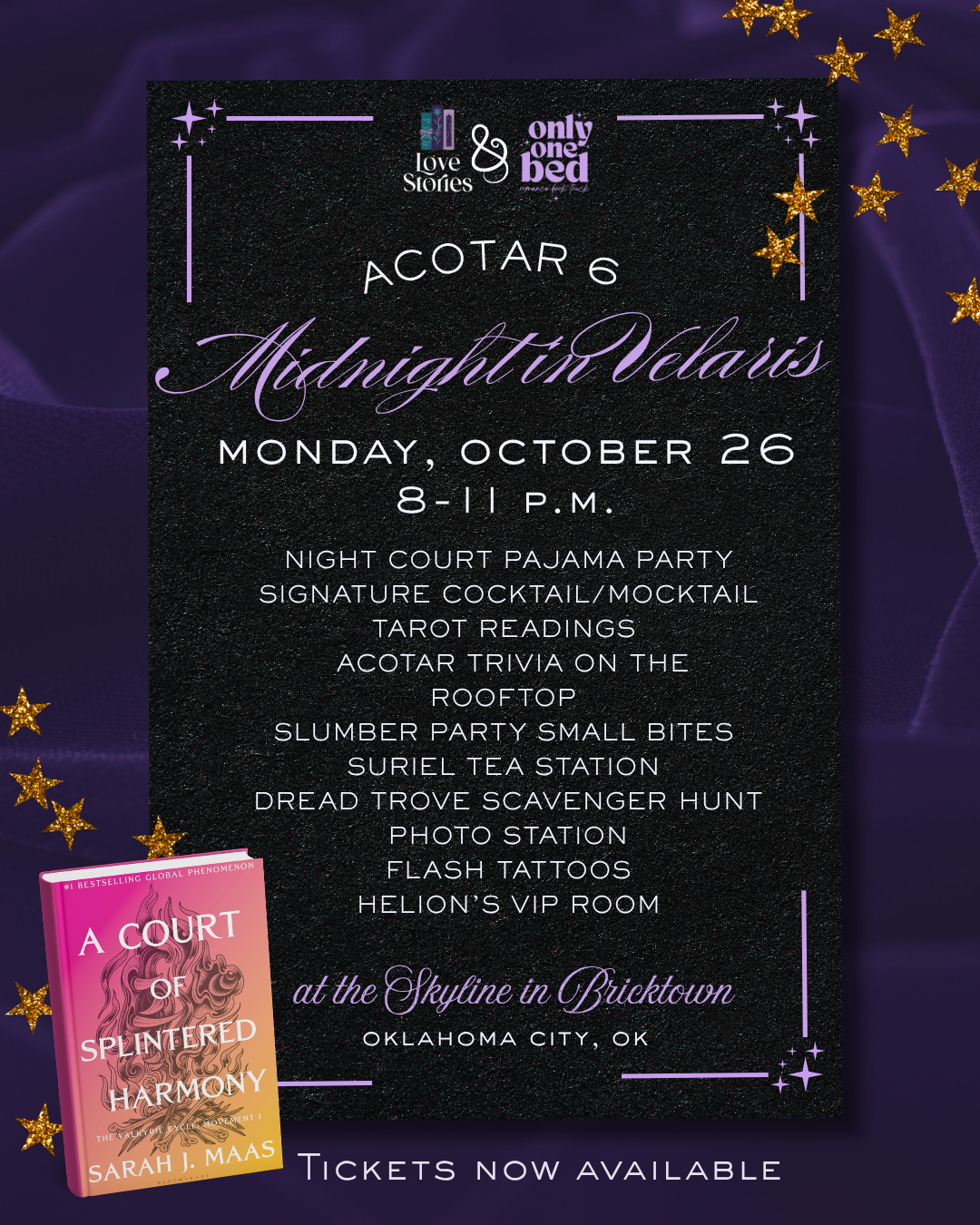 Promotional event poster for Acotar 6: Midnight in Velaros, featuring a black central card with white and lavender text, surrounded by a purple background with gold stars. A pink and gold book cover for 'A Court of Splintered Harmony' by Sarah J.