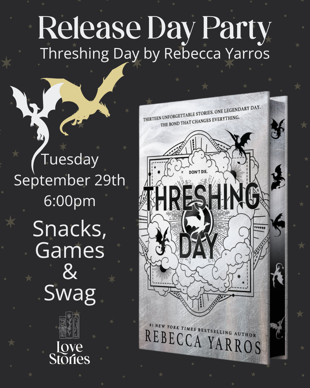 Promotional graphic for a book release party featuring the book cover for 'Threshing Day' by Rebecca Yarros on the right, with event details and decorative dragon silhouettes on a dark starry background.