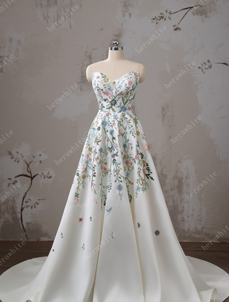 Strapless Floral Embroidered Mikado