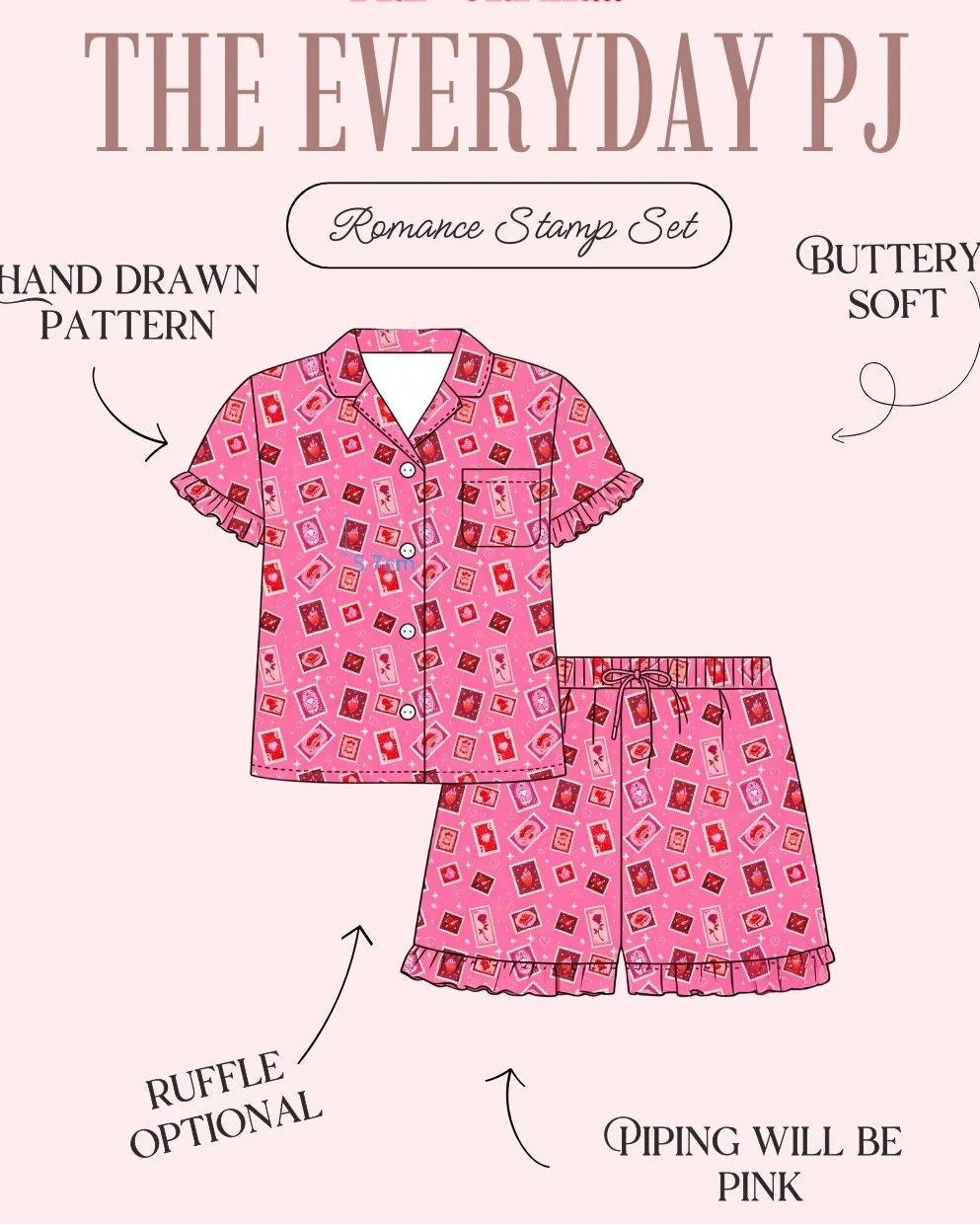 A pink illustrated product listing graphic for a pajama set titled 'THE EVERYDAY PJ' with text reading 'PRE-ORDER!!!' and callouts about a hand-drawn pattern, buttery soft fabric, optional ruffles, and pink piping. The central subject is a matching short-sleeve button-up pajama top and shorts with an allover small geometric print.