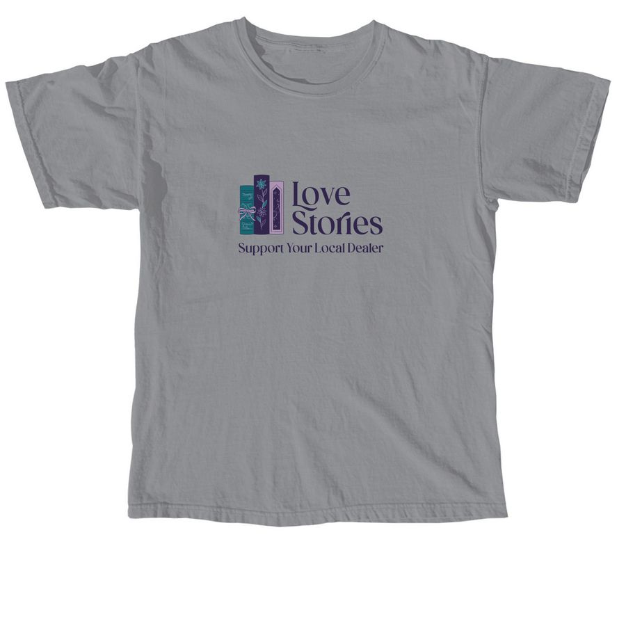 Gray t-shirt with 'Love Stories' logo and text on a white background