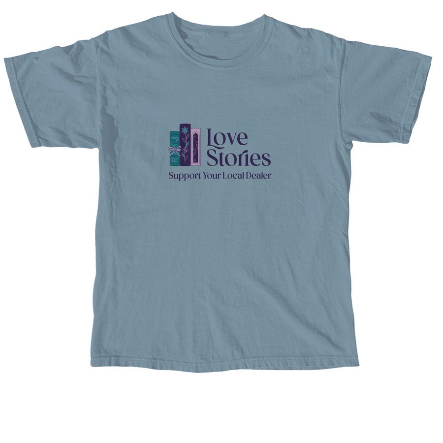 Blue t-shirt with 'Love Stories' logo and text on a white background