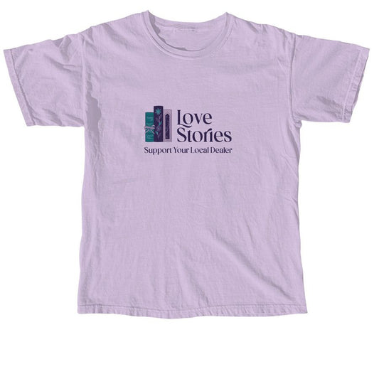 Purple t-shirt with 'Love Stories' text and graphic on a white background