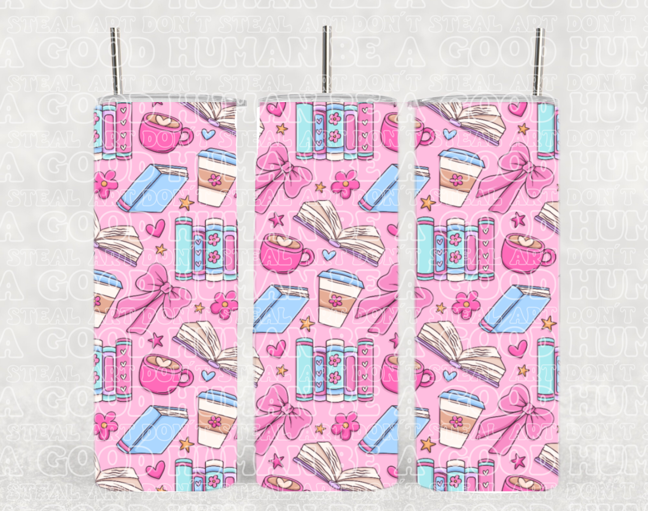 Pink Coffee & Books Croquette Reader Cute Tumbler